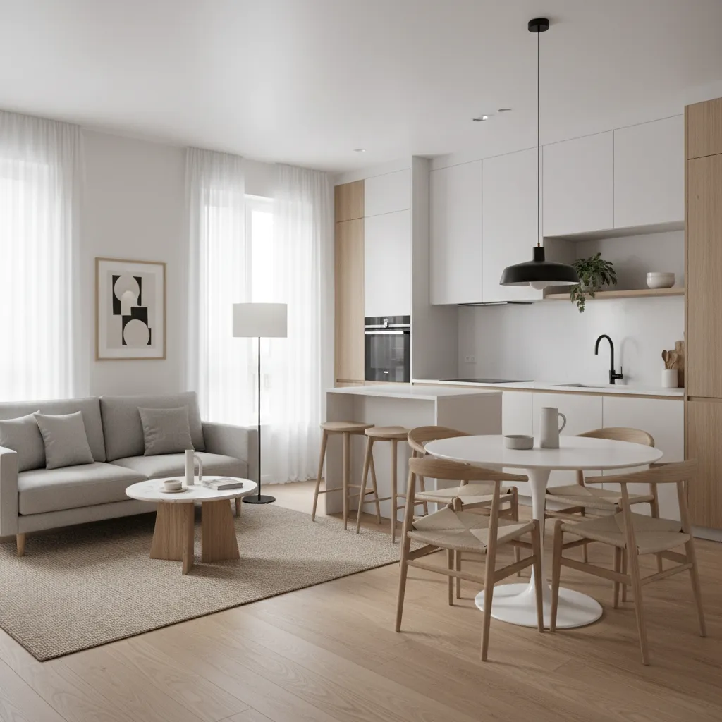 Open plan living room white kitchen dining table wooden floor and small black ceiling light