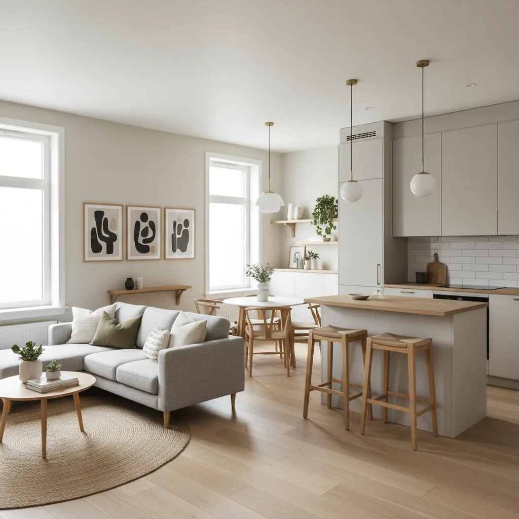 Sala y cocina abiertas en una casa pequeña