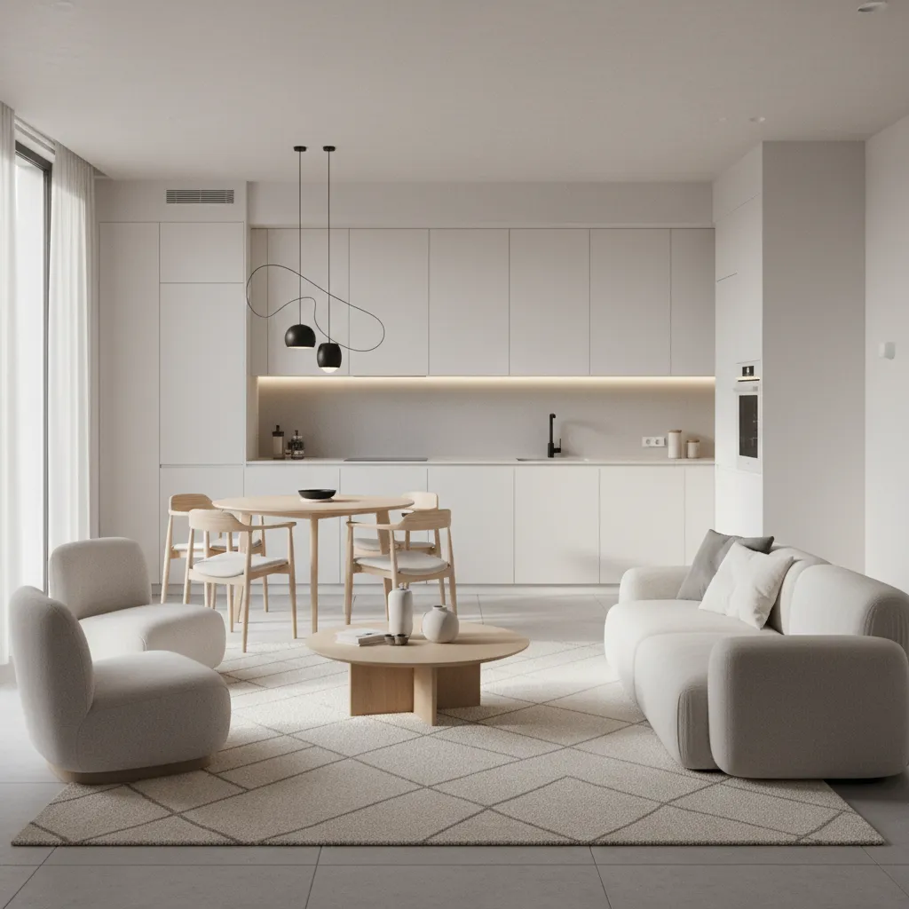 Small open plan living dining area separated visually with rug and lighting