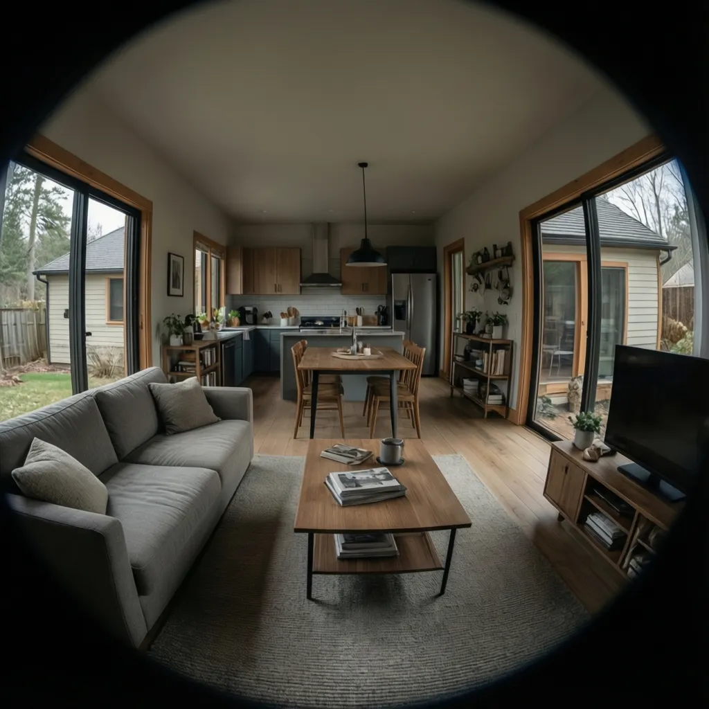 small open concept ranch living and dining layout with compact furniture