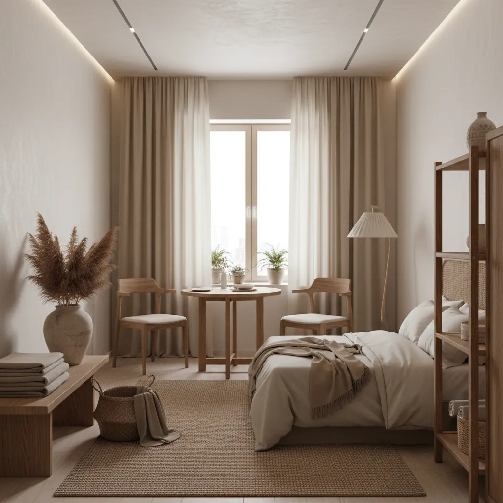 Pequeño apartamento con decoración orgánica y colores neutros