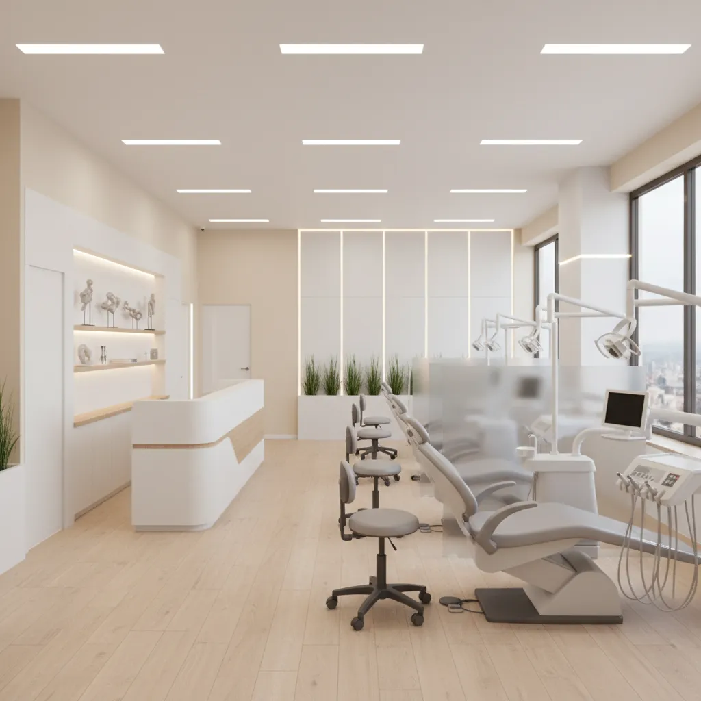 Overview of a compact orthodontic clinic interior with organized treatment area and reception