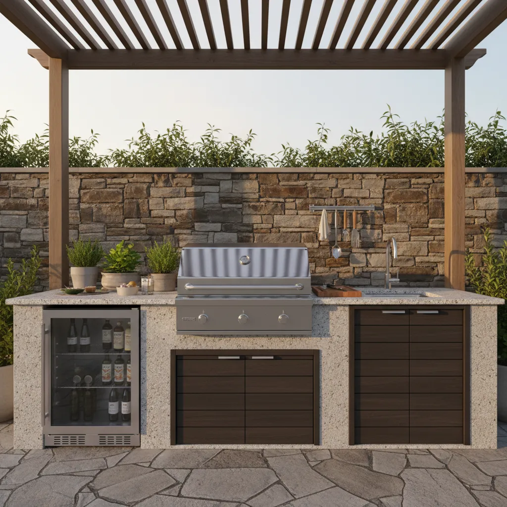 Compact grill and under counter fridge in a small outdoor kitchen