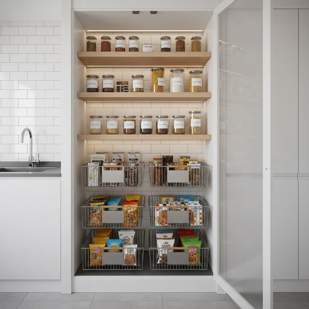 Small pantry with pull out baskets and labeled storage containers