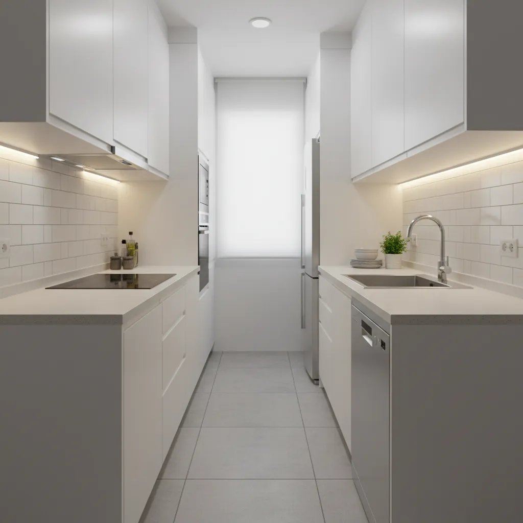 Parallel kitchen layout in a small apartment with efficient workflow