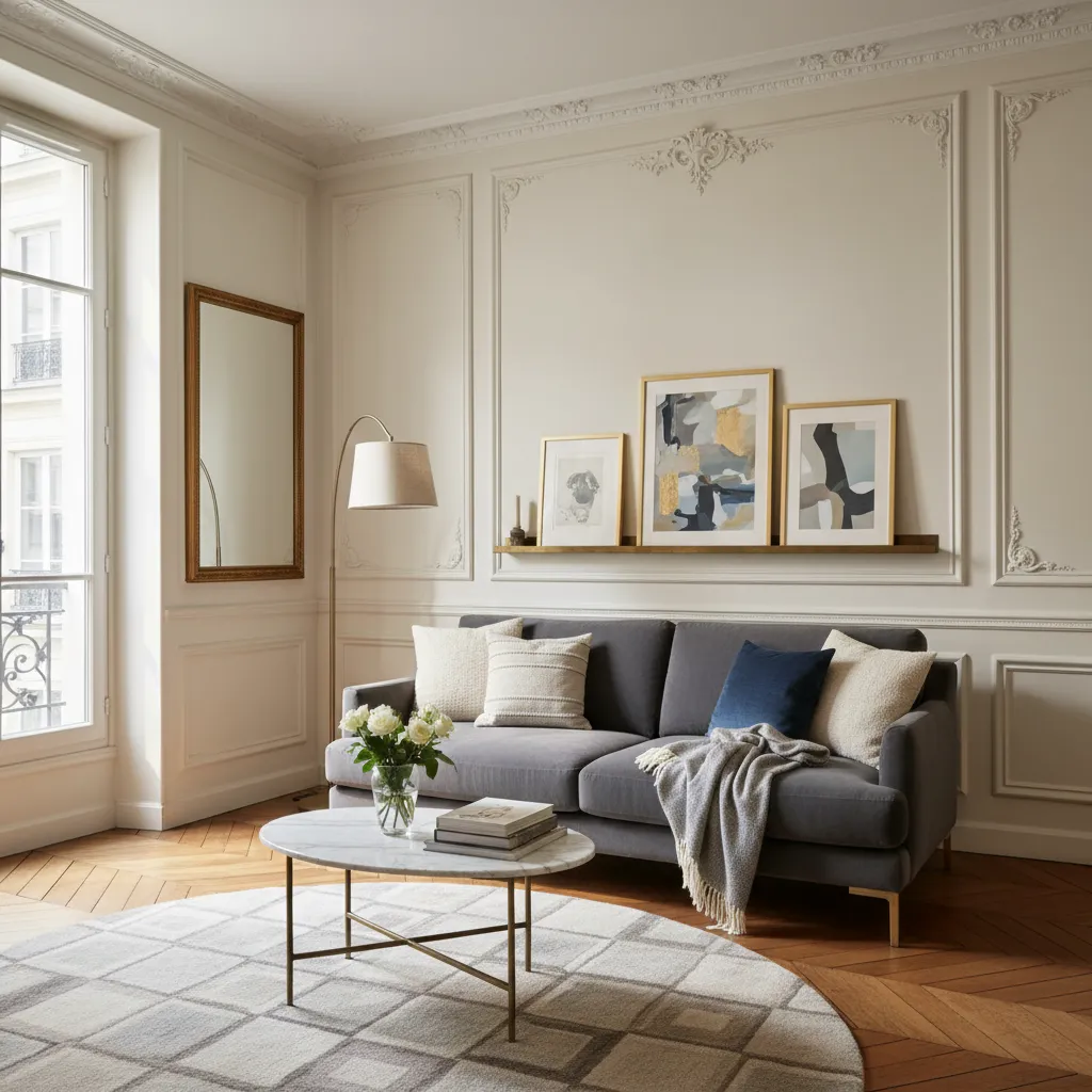 Living room with gray sofa marble coffee table floor lamp wall panel and framed art