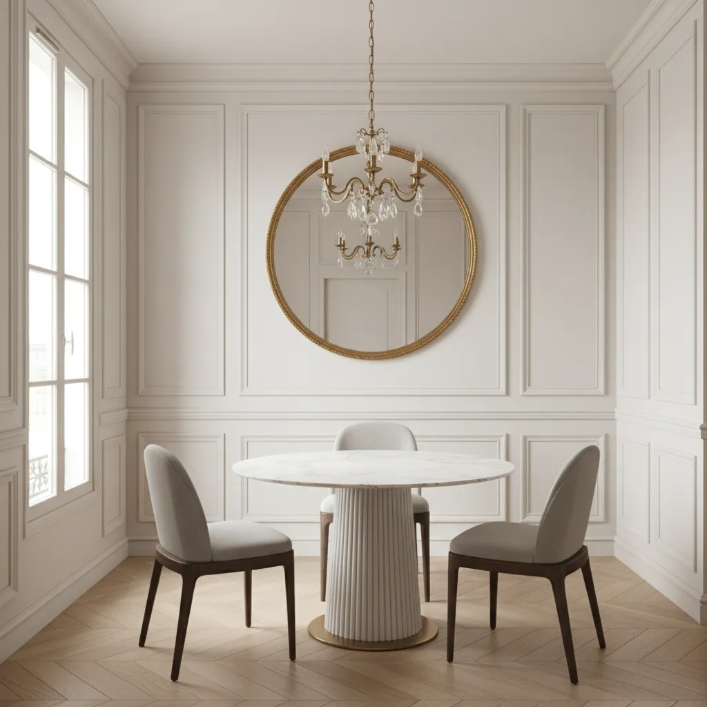 Small apartment Parisian style dining area with round table and mirror