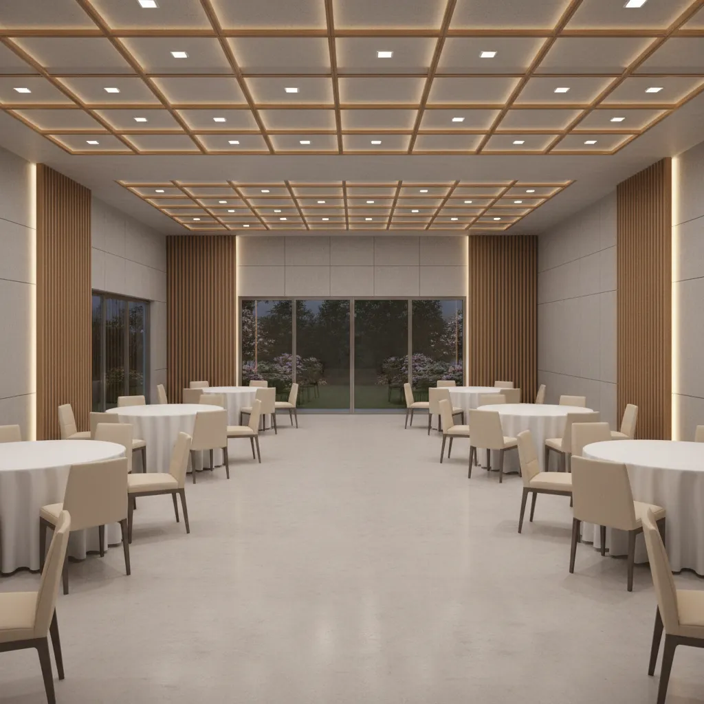 Compact party hall interior with open central layout and perimeter seating