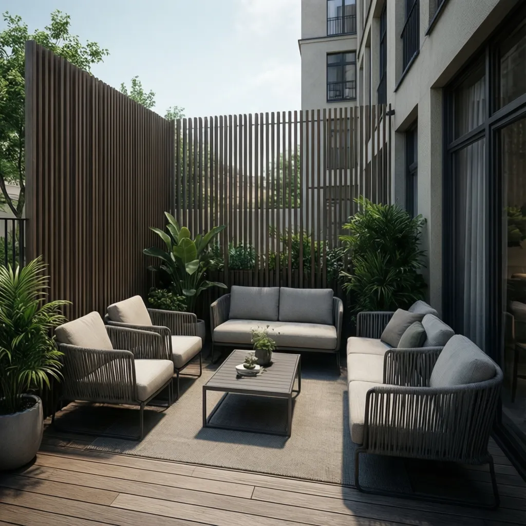 Small patio with divider separating seating area from neighbor view