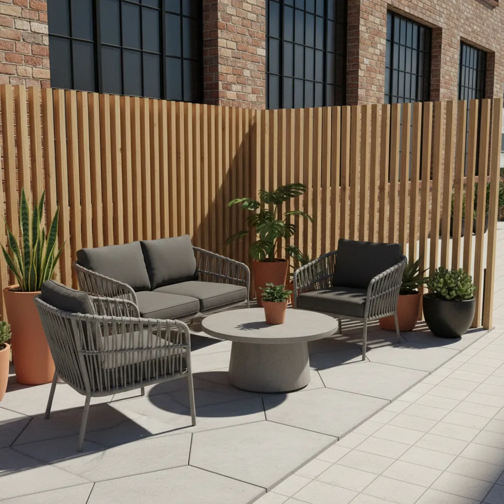 Compact patio with divider separating seating area from walkway