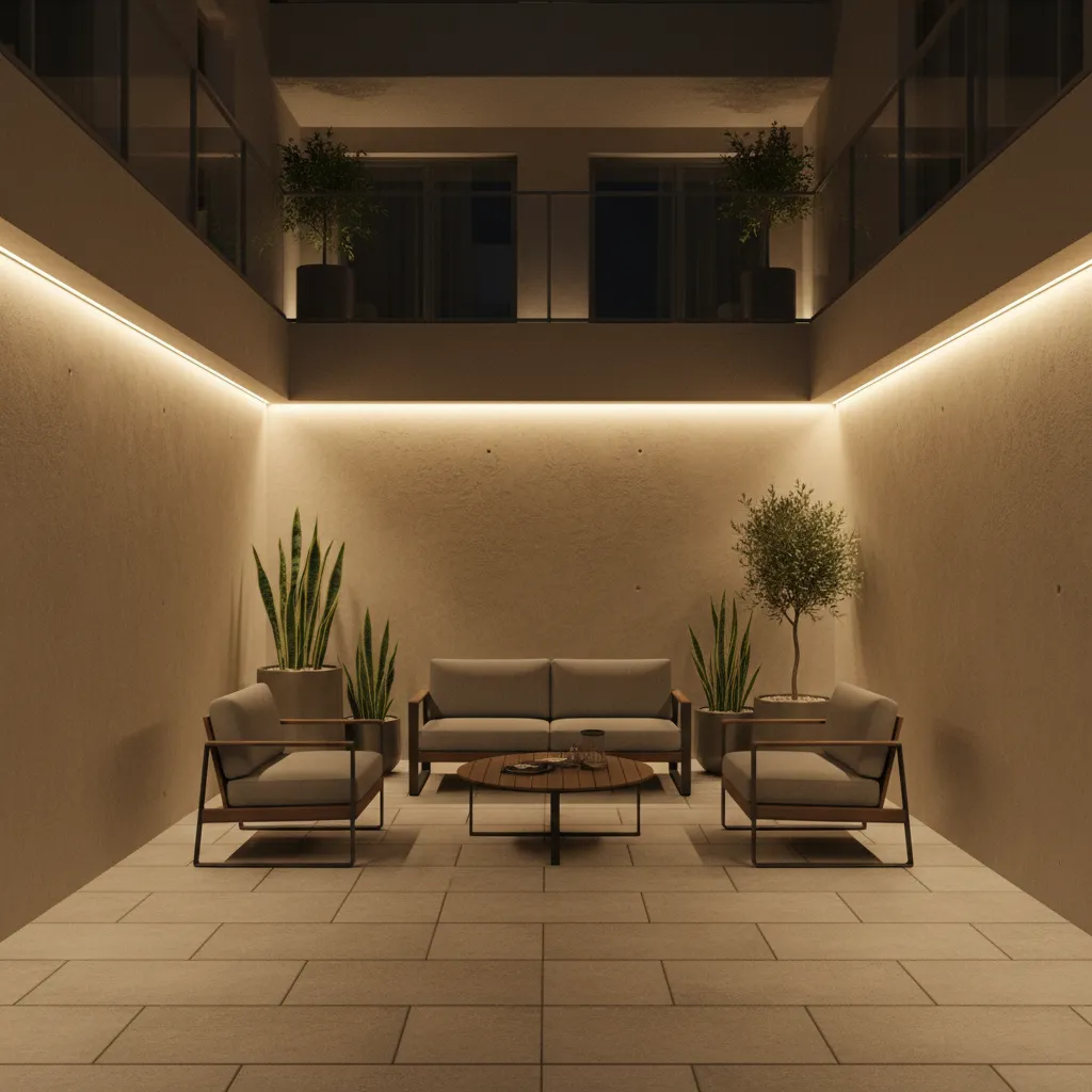 Patio interior pequeño iluminado por luces cálidas en la pared