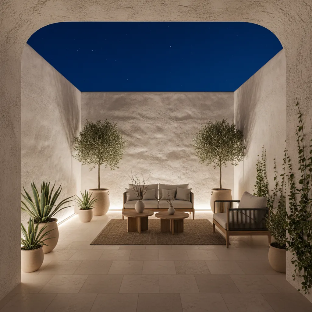 Modern outdoor patio at night with sofa chairs coffee tables warm lighting and starry sky
