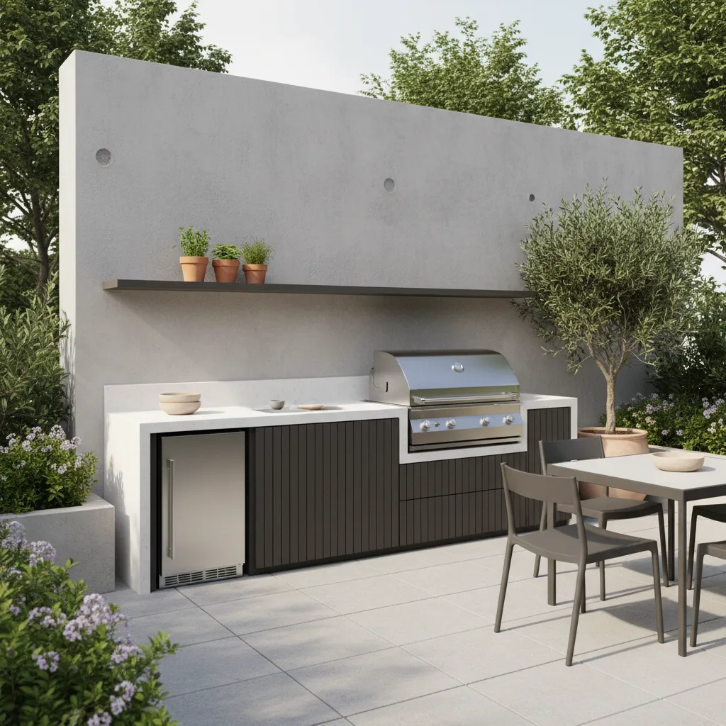 Compact outdoor kitchen built along a small patio wall