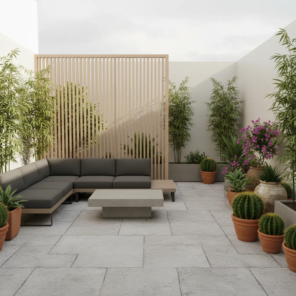 compact patio divided into seating and plant zones using a slim divider