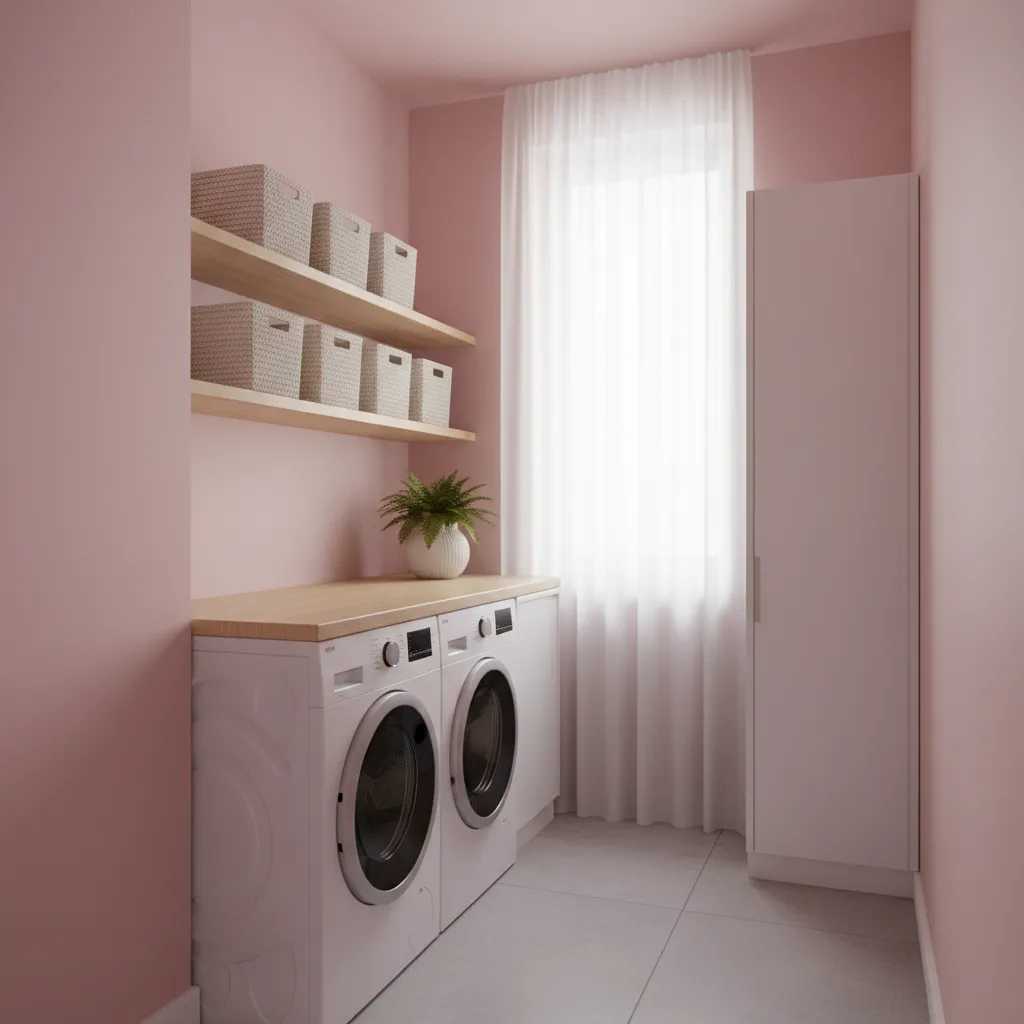 Compact pink laundry room with stacked washer dryer and floating shelves