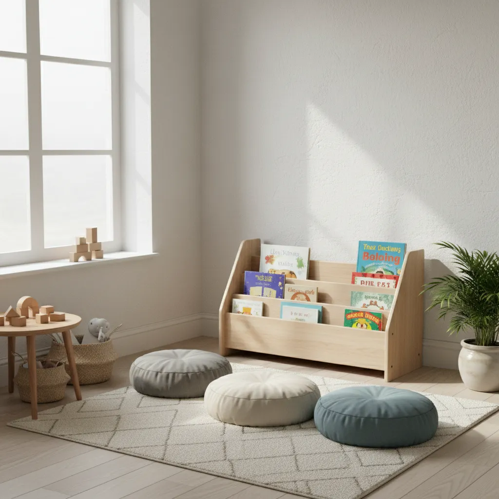 Small kids playroom reading corner with floor cushions bookshelf and soft lighting