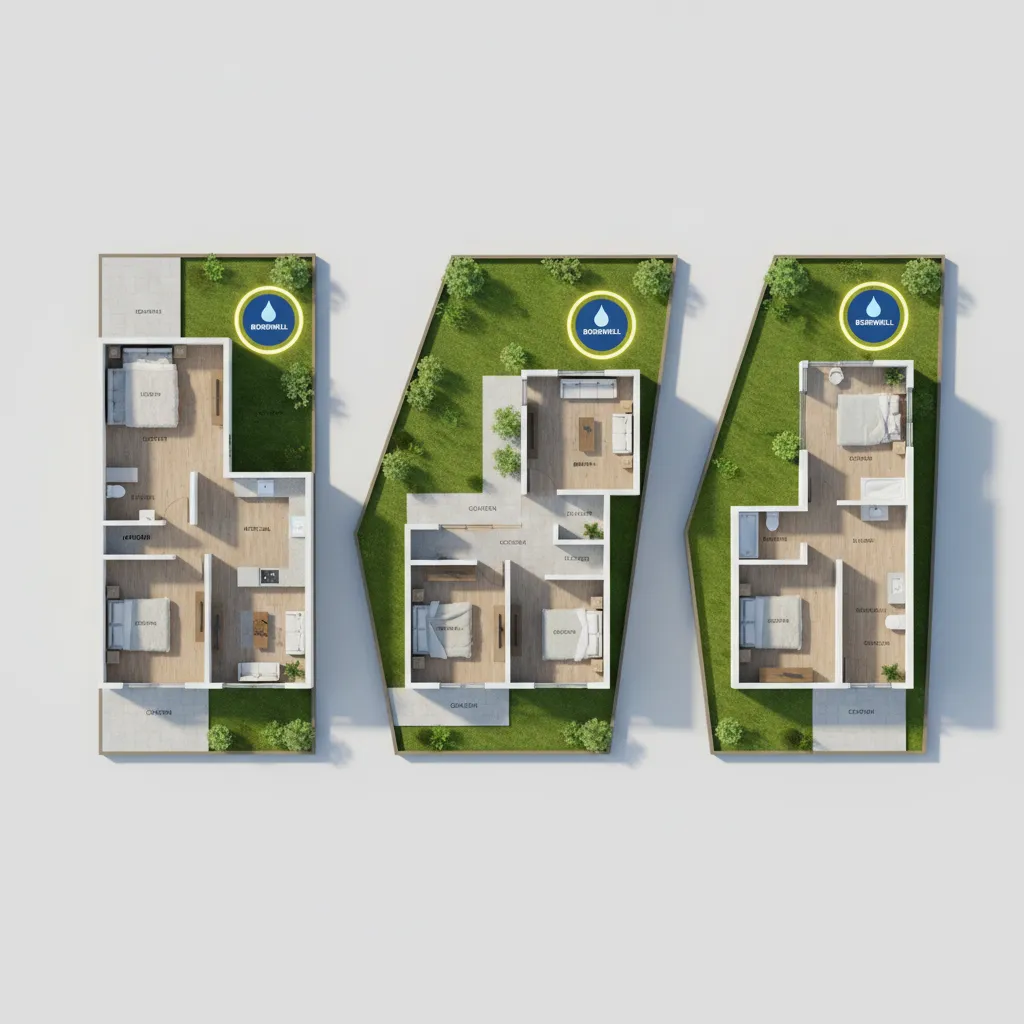 Three house room layout examples showing different room positions and backyard water well on grass