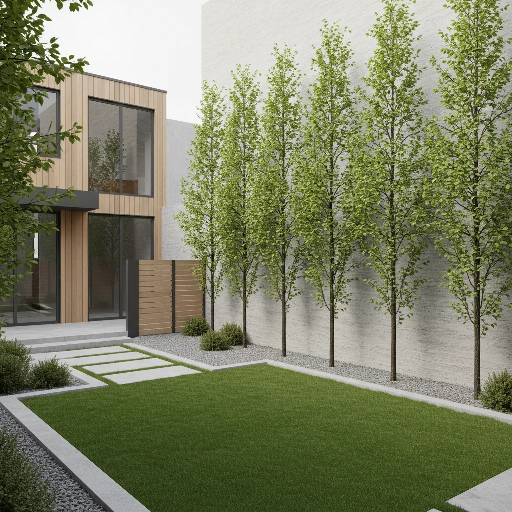 Small residential plot using vertical trees for boundary privacy