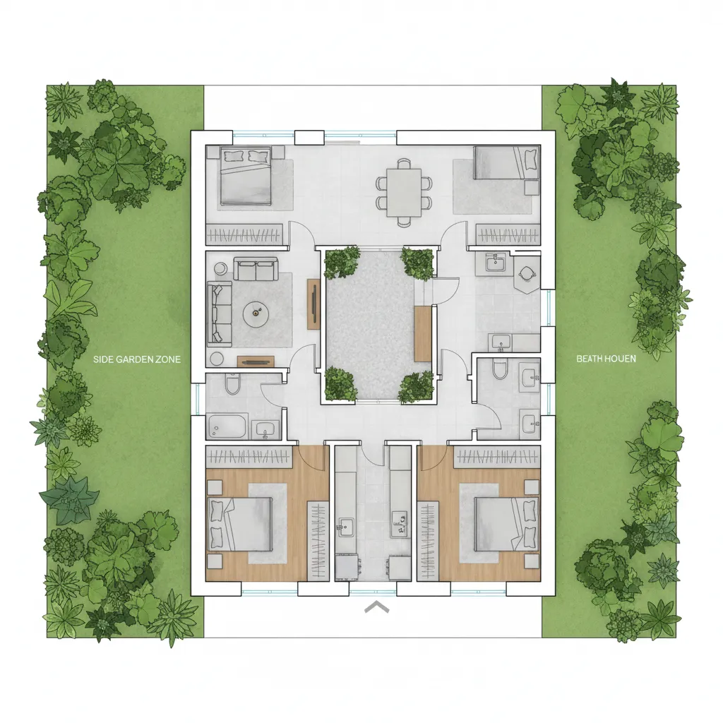 Architectural layout showing courtyard and garden zones in a compact Indian house