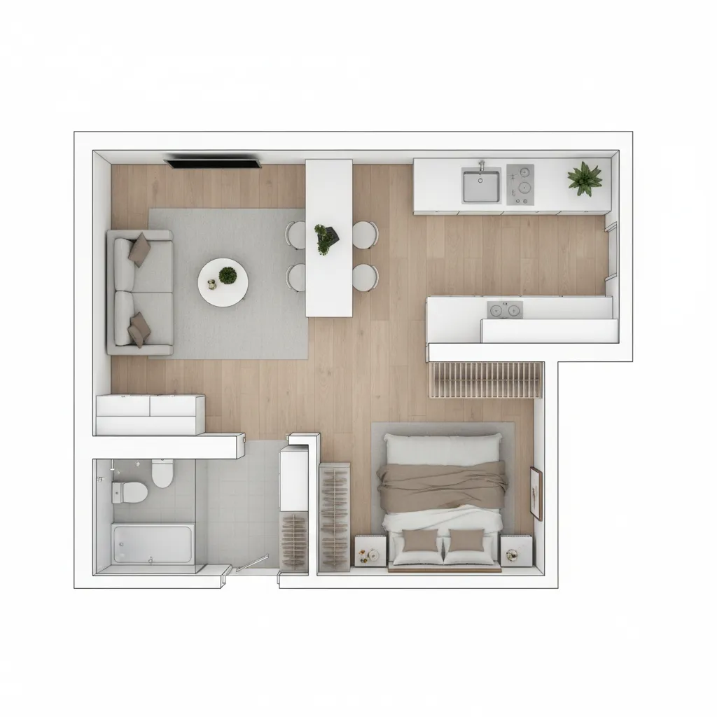 Top down interior design drawing of a studio apartment with kitchen living room and bedroom area