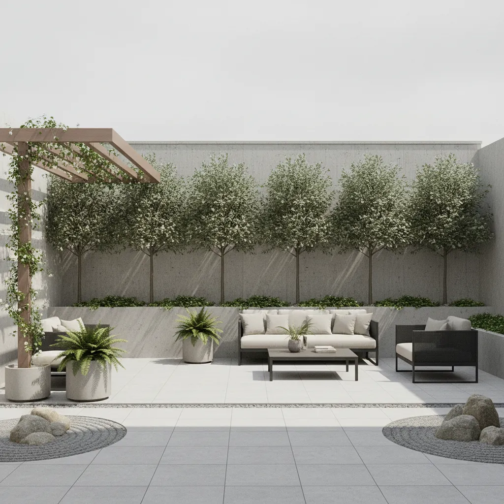 Small urban garden with compact trees planted along a boundary fence