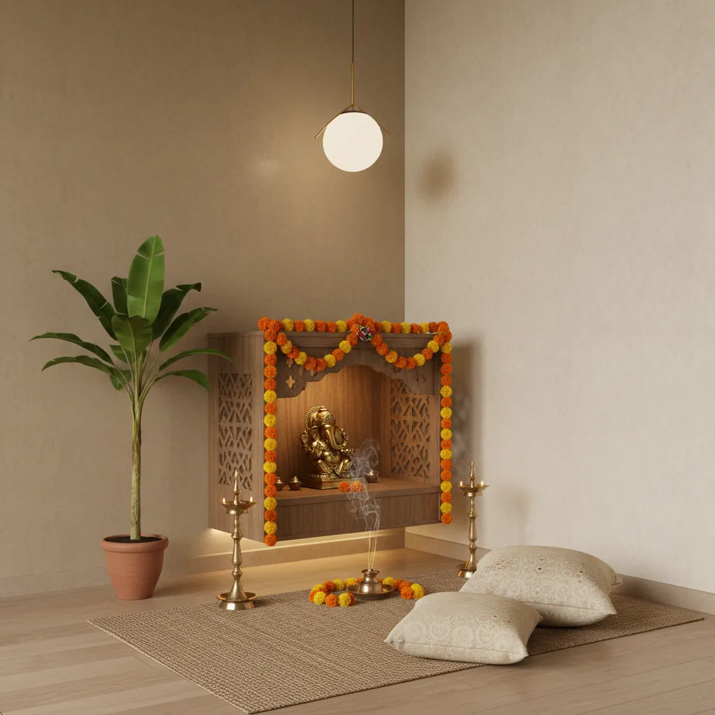 Small apartment pooja corner with a single artificial banana tree decoration