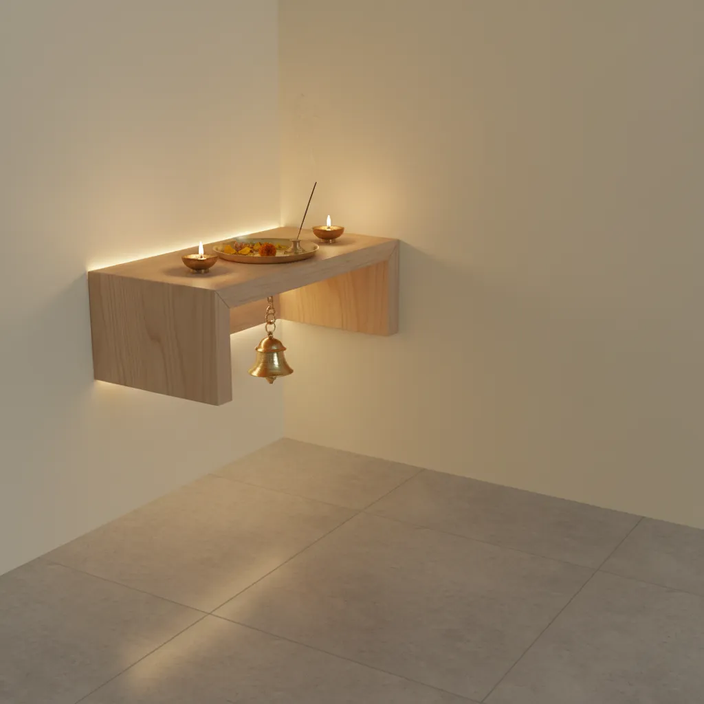 Compact brass bell used in a small apartment pooja corner