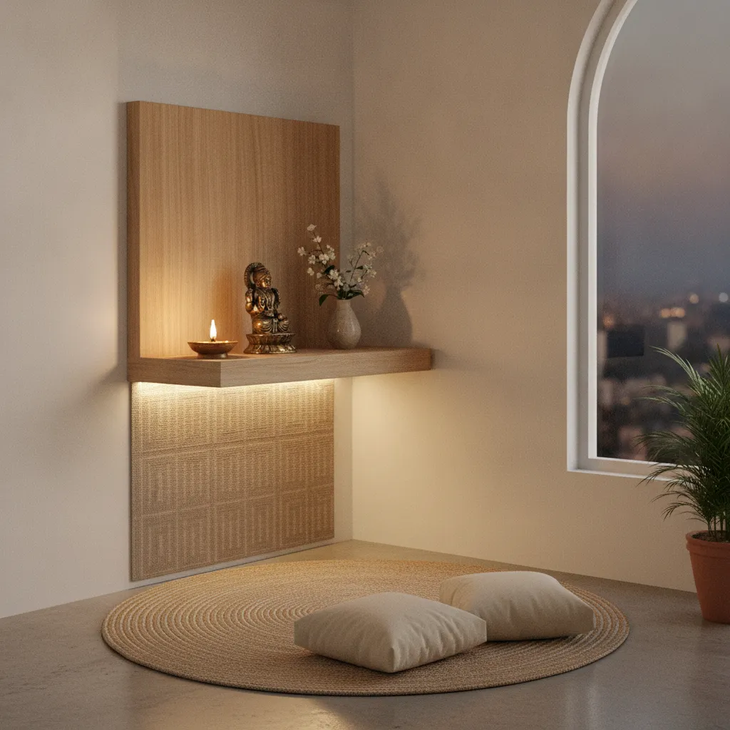 compact apartment pooja corner with wooden shelf brass diya and idol