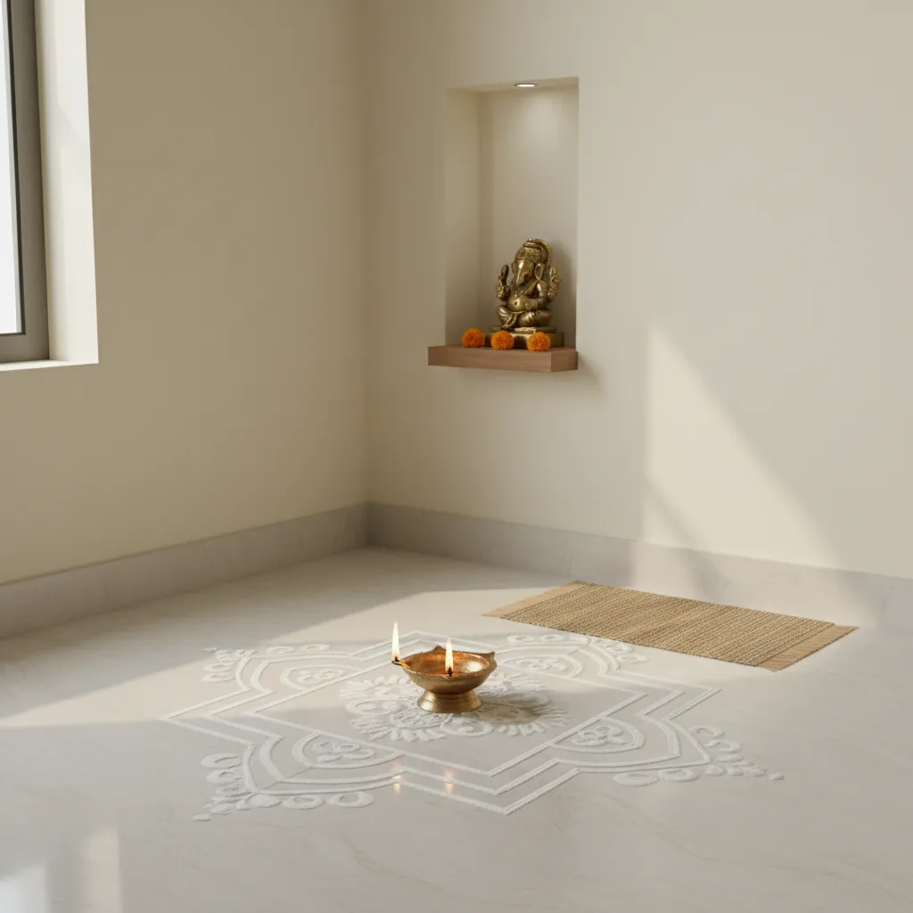 Small apartment pooja corner with simple chowk floor pattern and diya