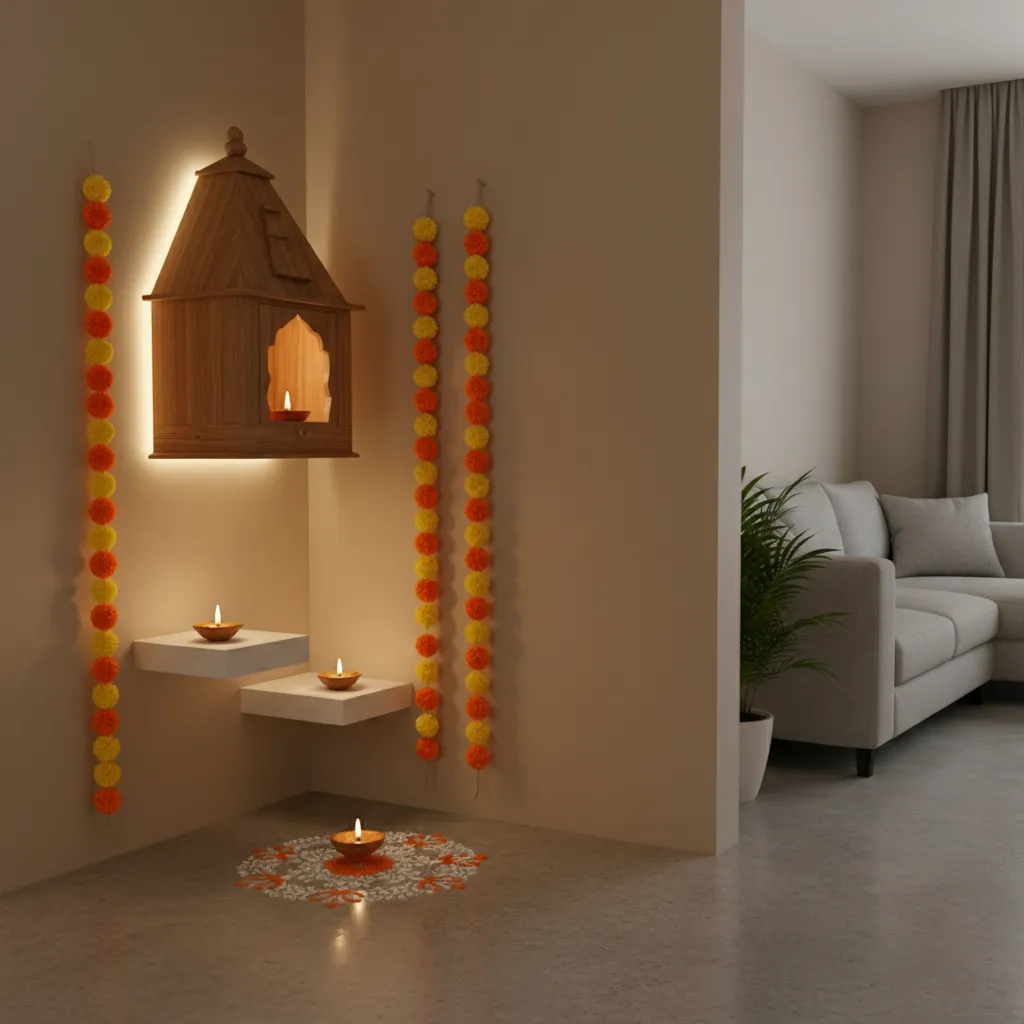 Small apartment pooja corner decorated vertically for Diwali