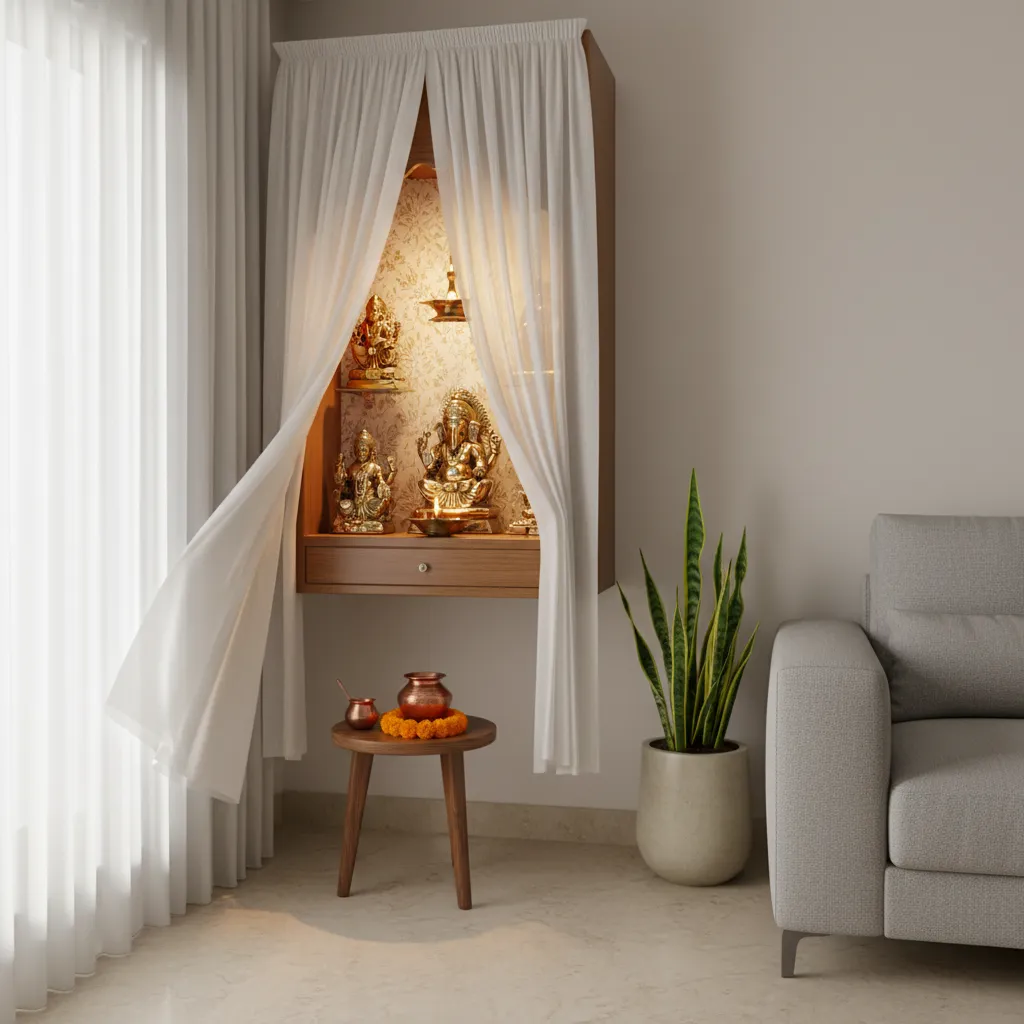 Small apartment pooja corner with soft sheer curtain divider