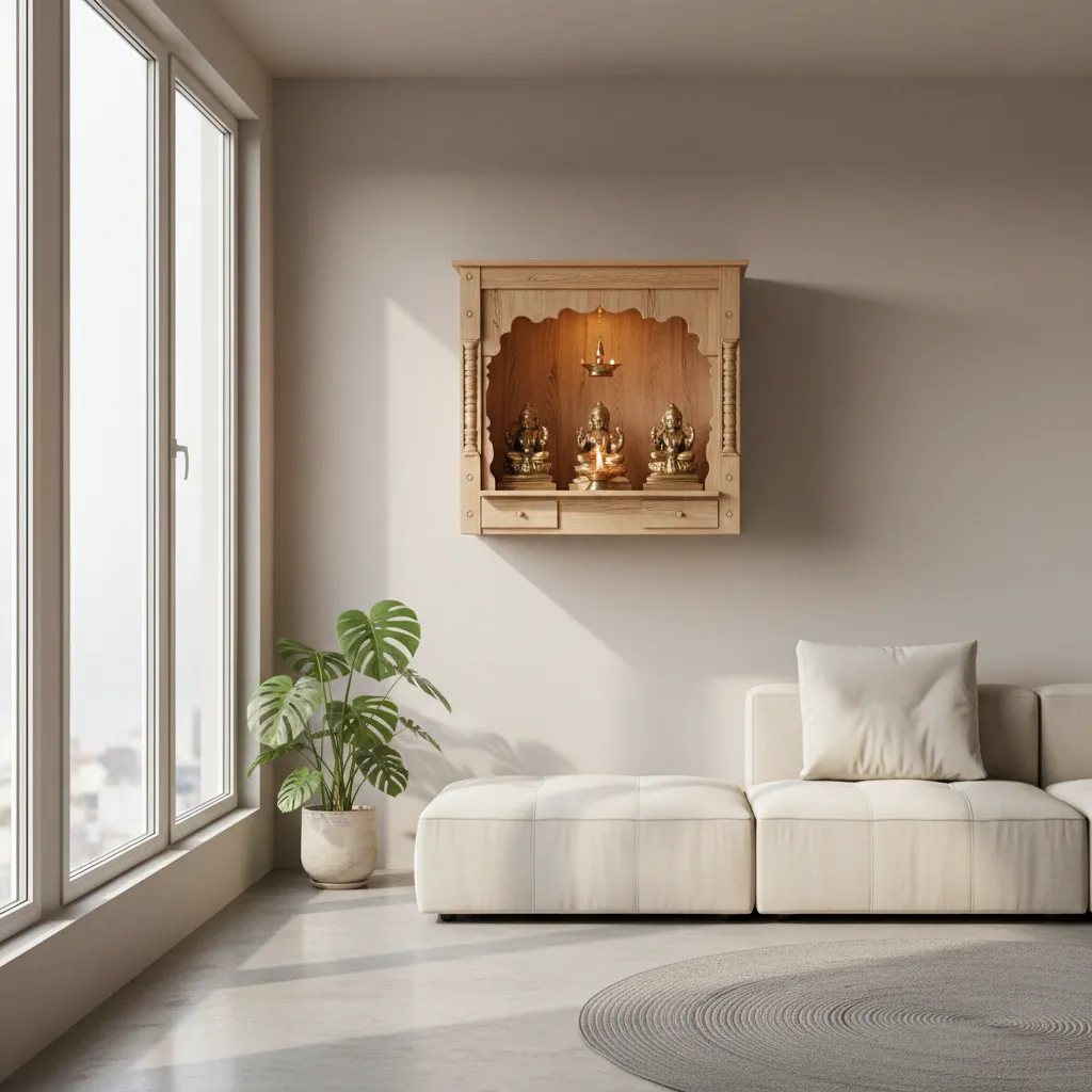 Small wall mounted mandir in modern apartment living room