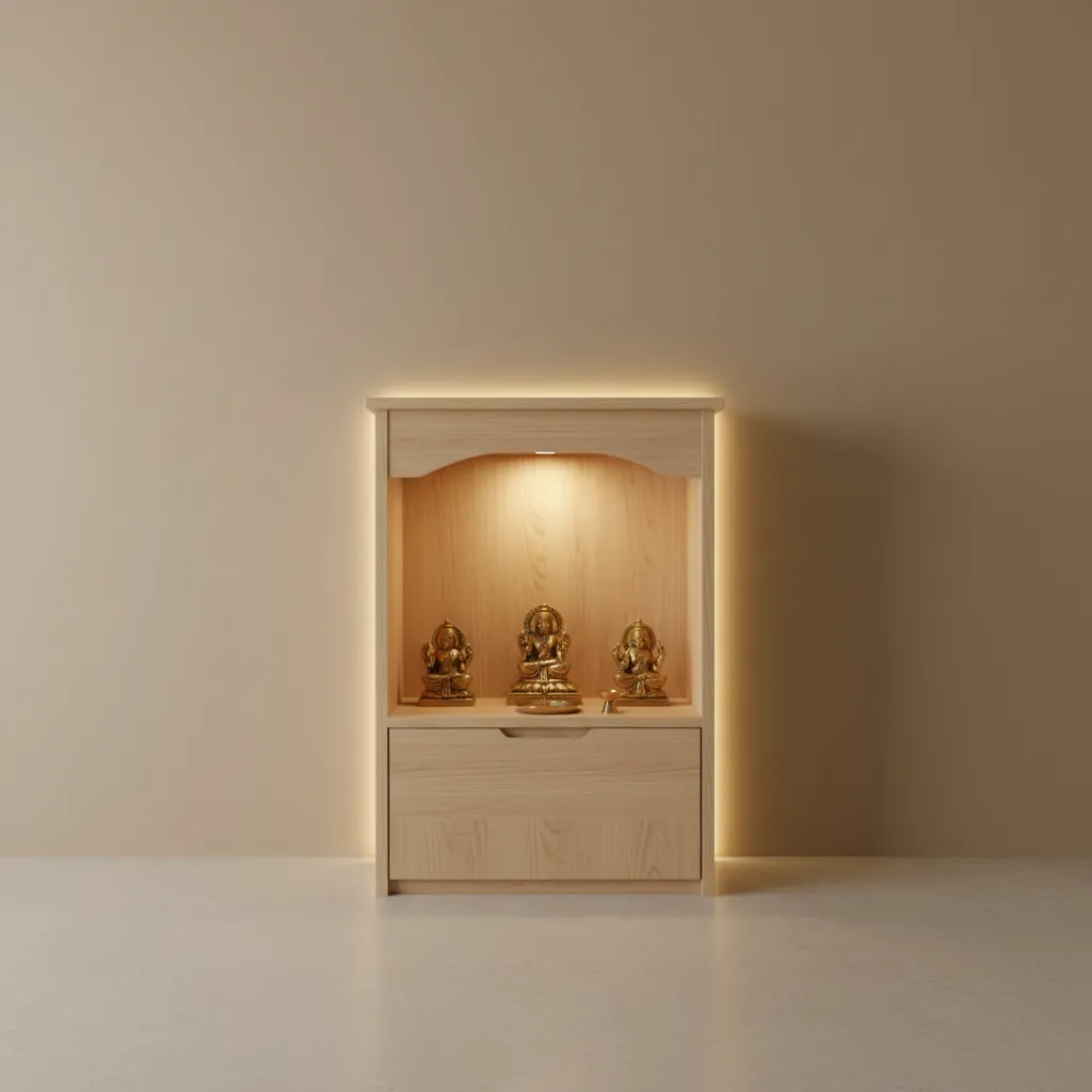 Small pooja cupboard with warm LED backlighting and minimalist design