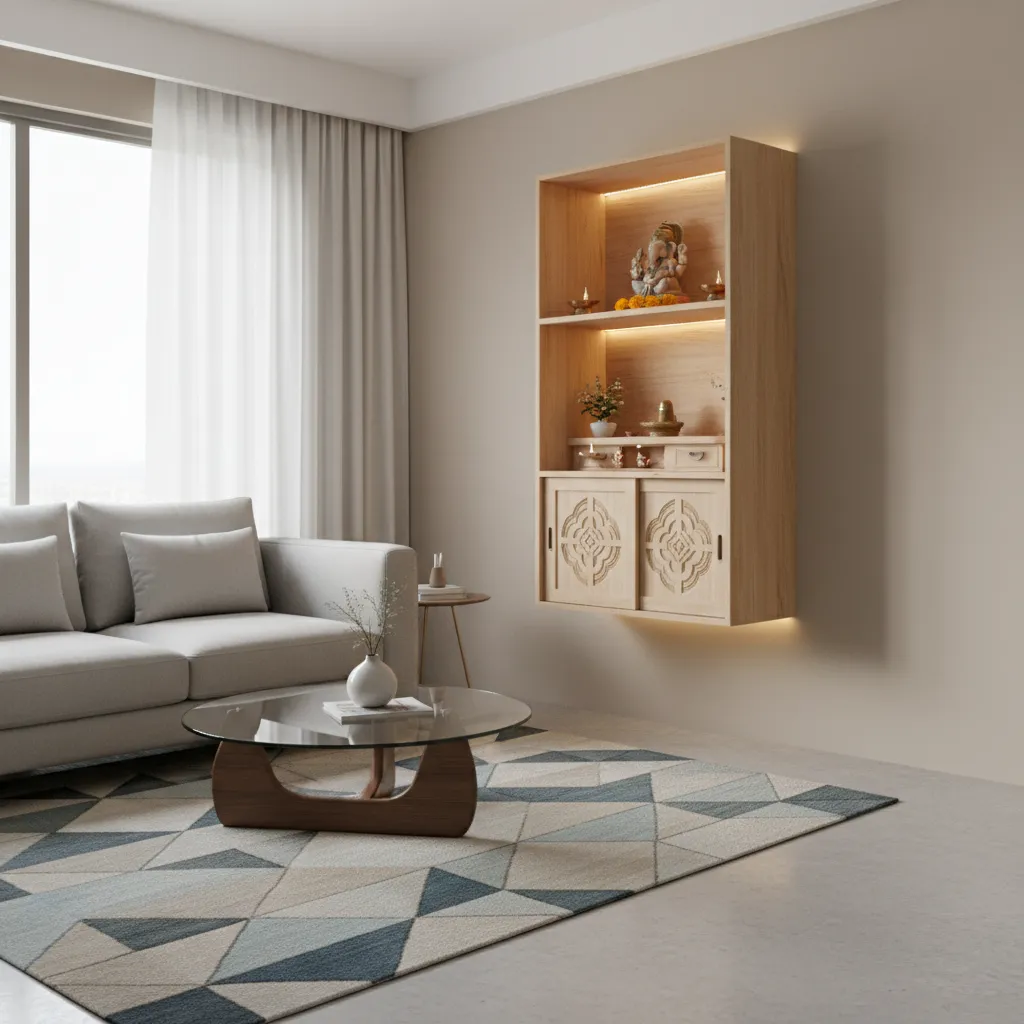 Compact wall mounted pooja cupboard in modern apartment living room