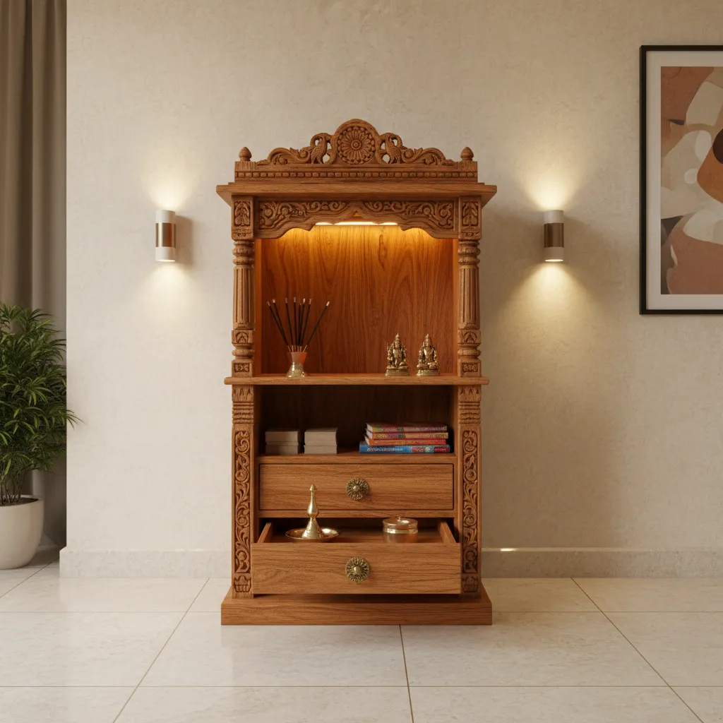 Small wooden pooja mandir with hidden storage drawer and diya tray