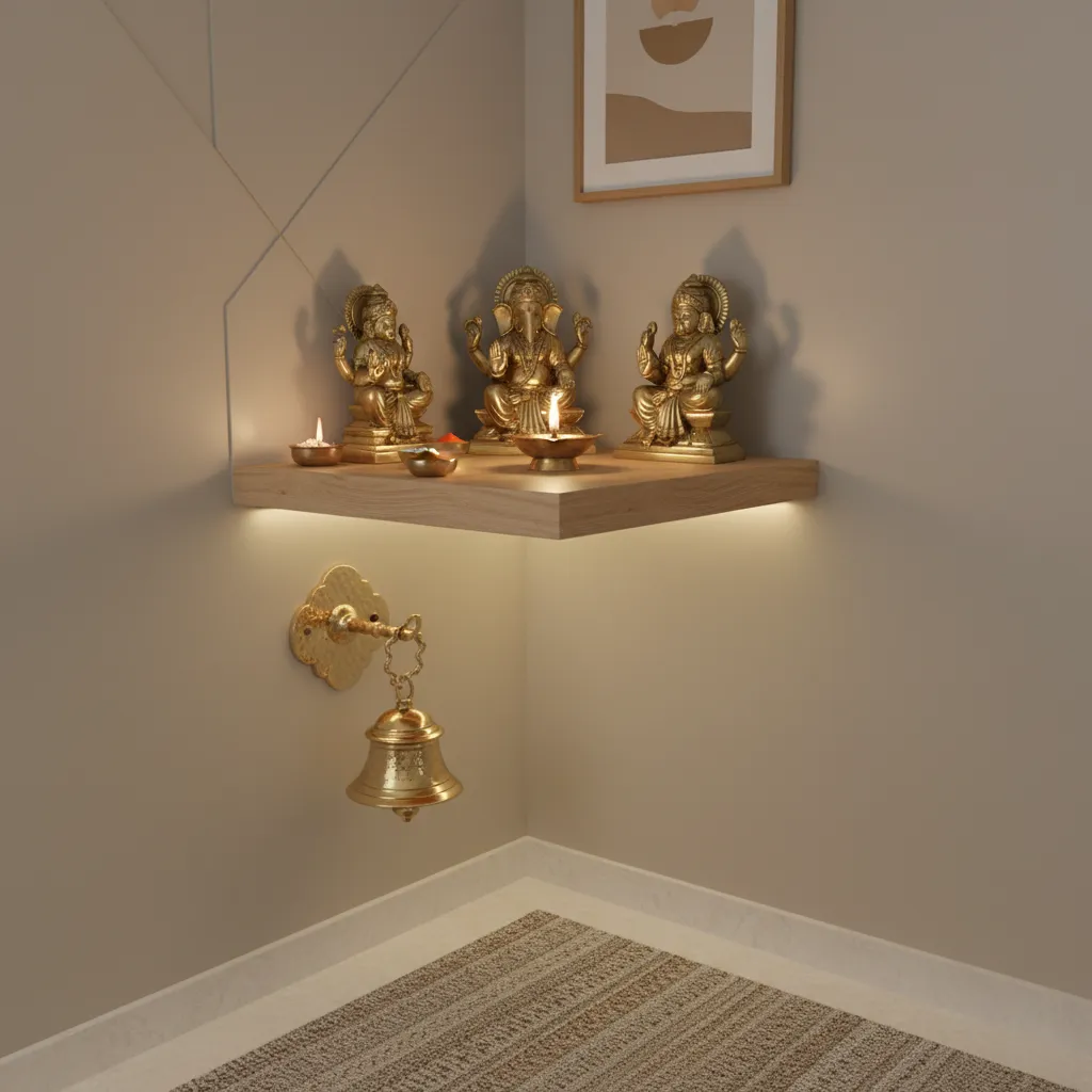small apartment pooja corner with wall mounted brass bell