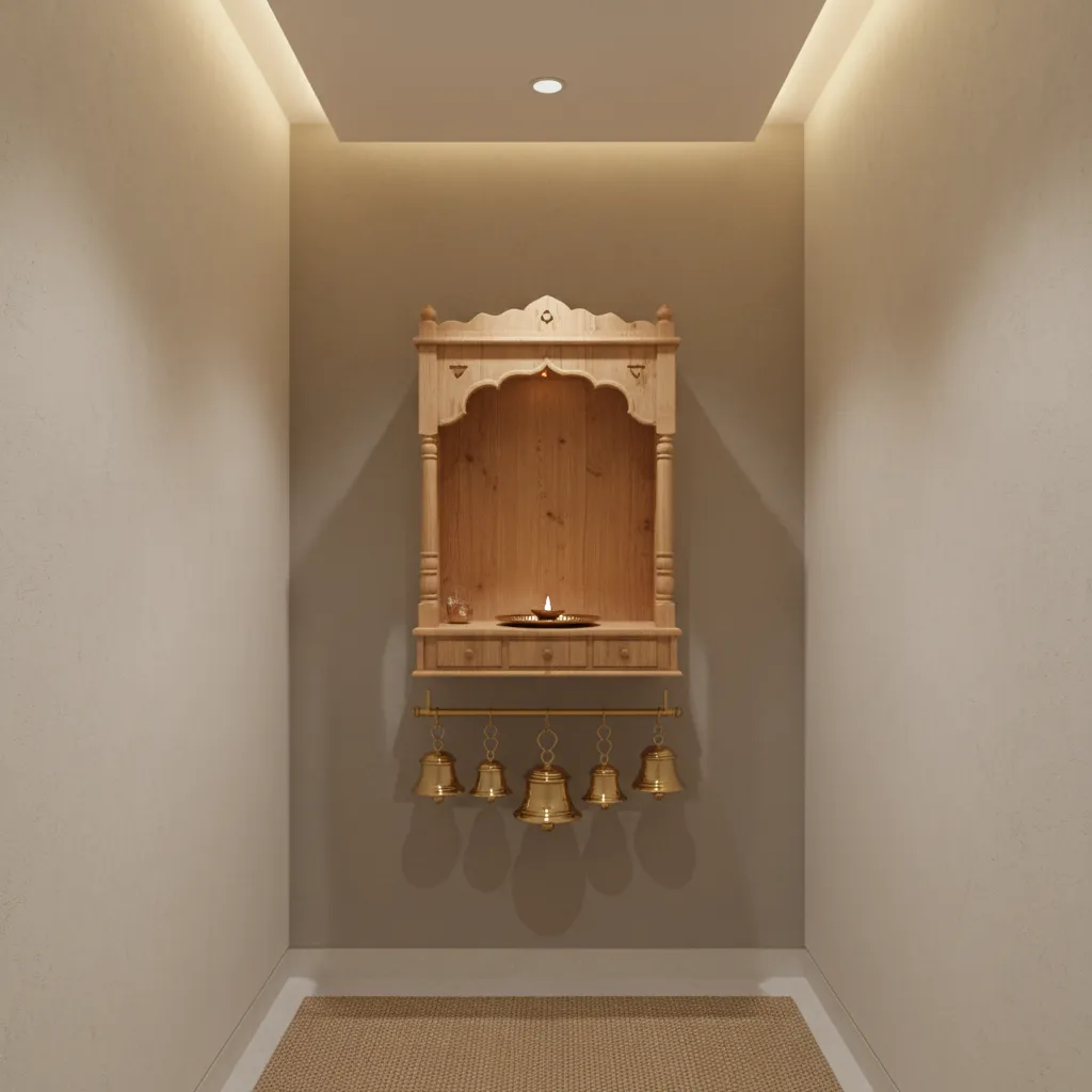 Compact pooja room with minimalist false ceiling and hidden LED lighting