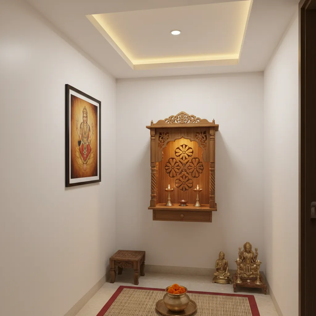 compact pooja room with shallow tray false ceiling and warm lighting