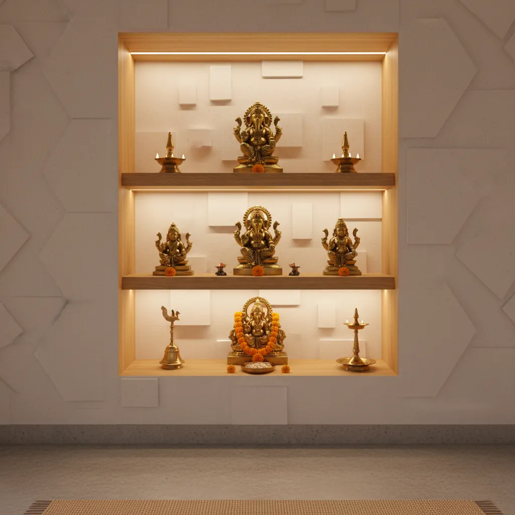 Compact pooja room integrated into modern apartment wall niche