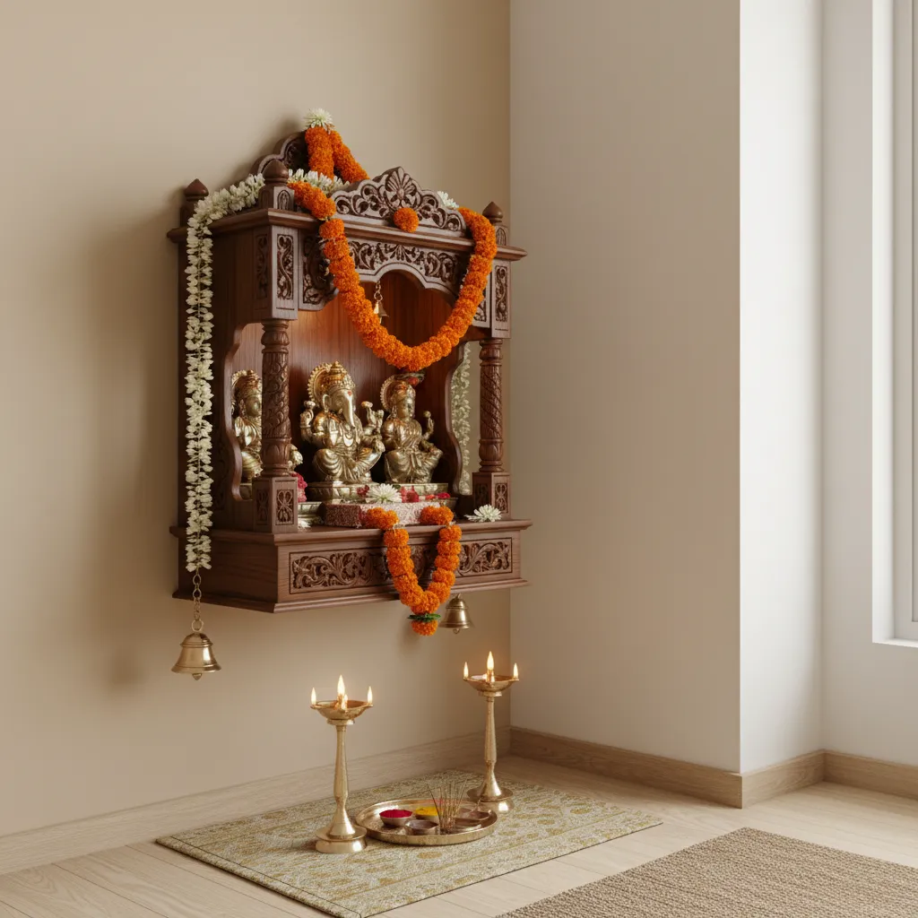Small home pooja corner decorated with marigold and jasmine flowers