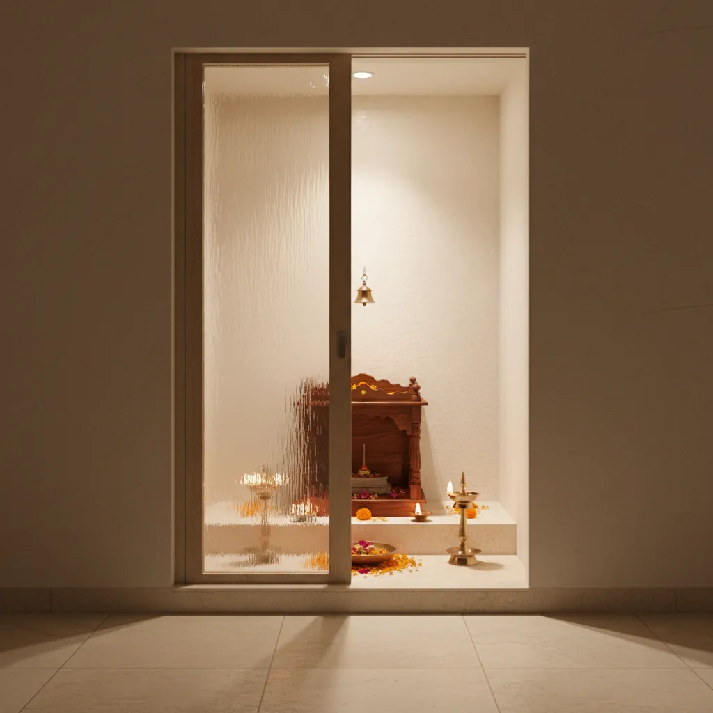 small pooja room with frosted glass door allowing soft light