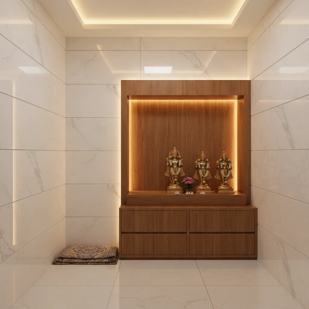 Small pooja room layout showing idol shelf prayer space and storage