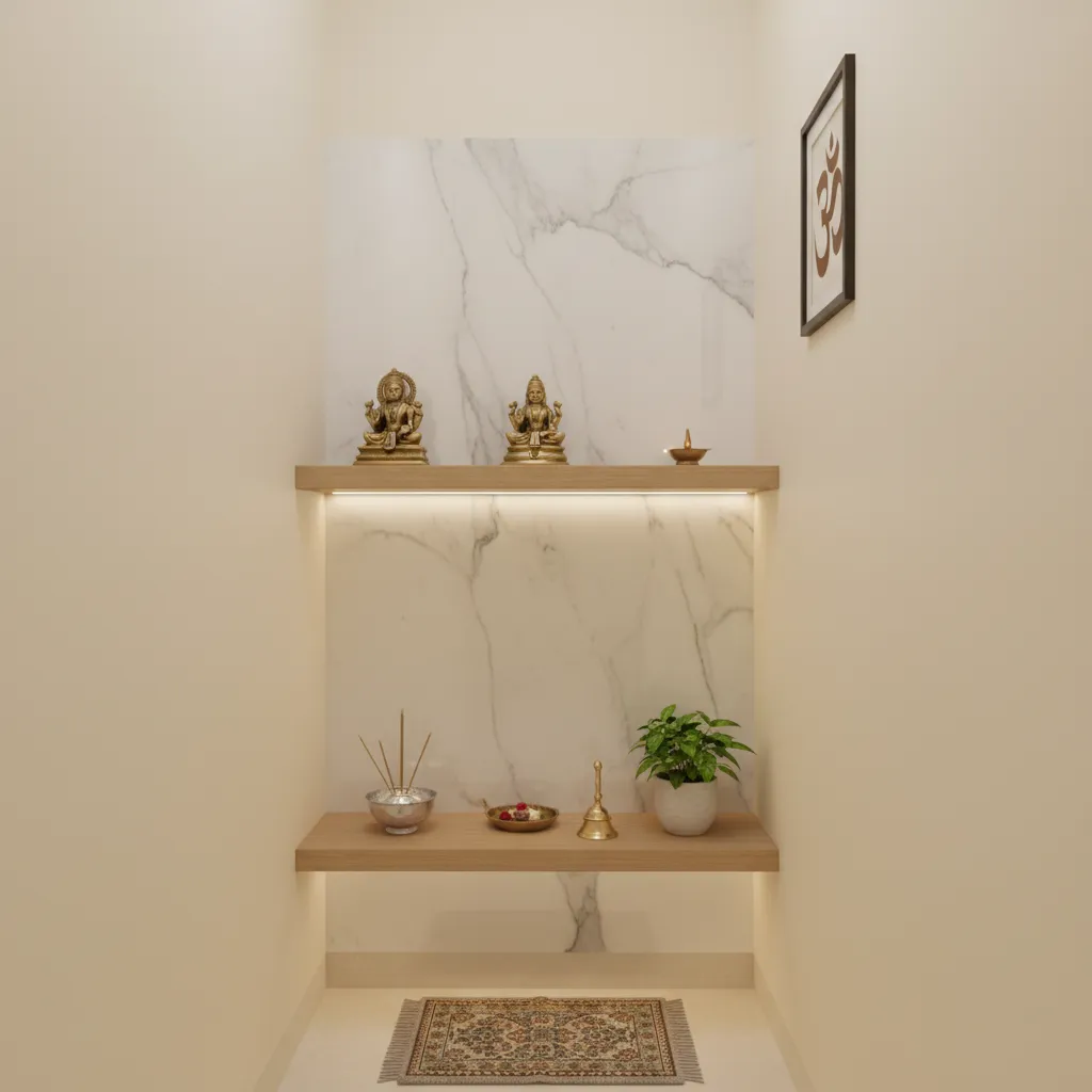 Small apartment pooja room with cream walls and marble backdrop