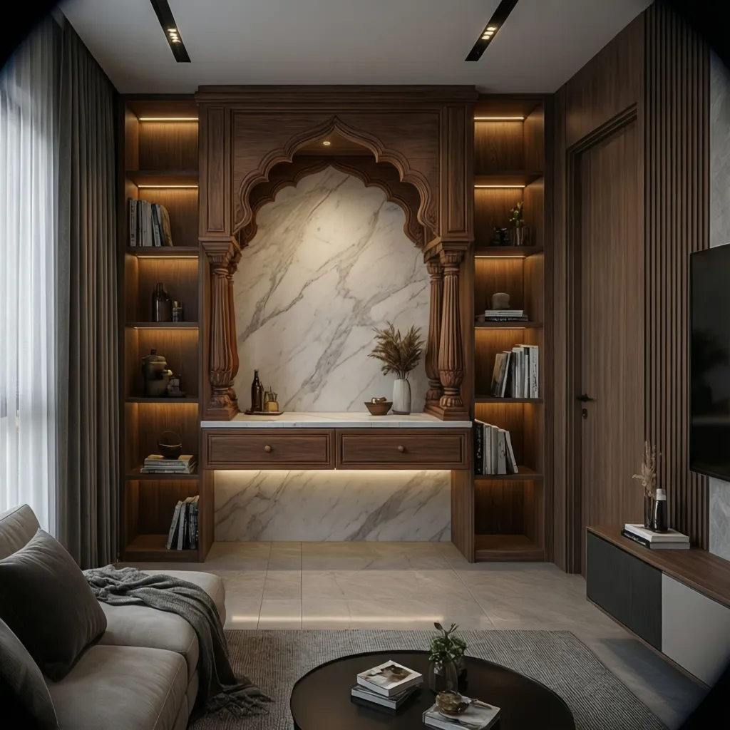 Compact pooja room niche integrated into a modern apartment living room wall