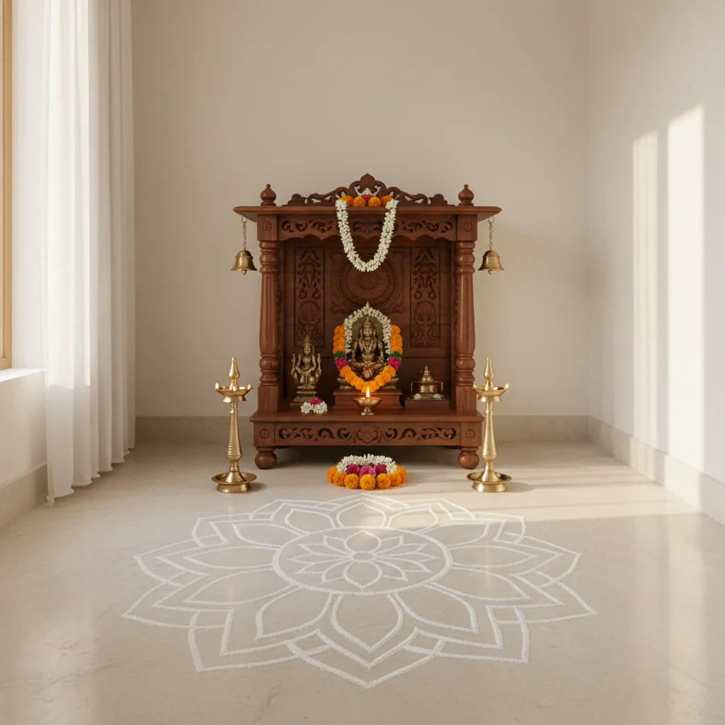 small lotus kolam drawn in front of compact pooja altar