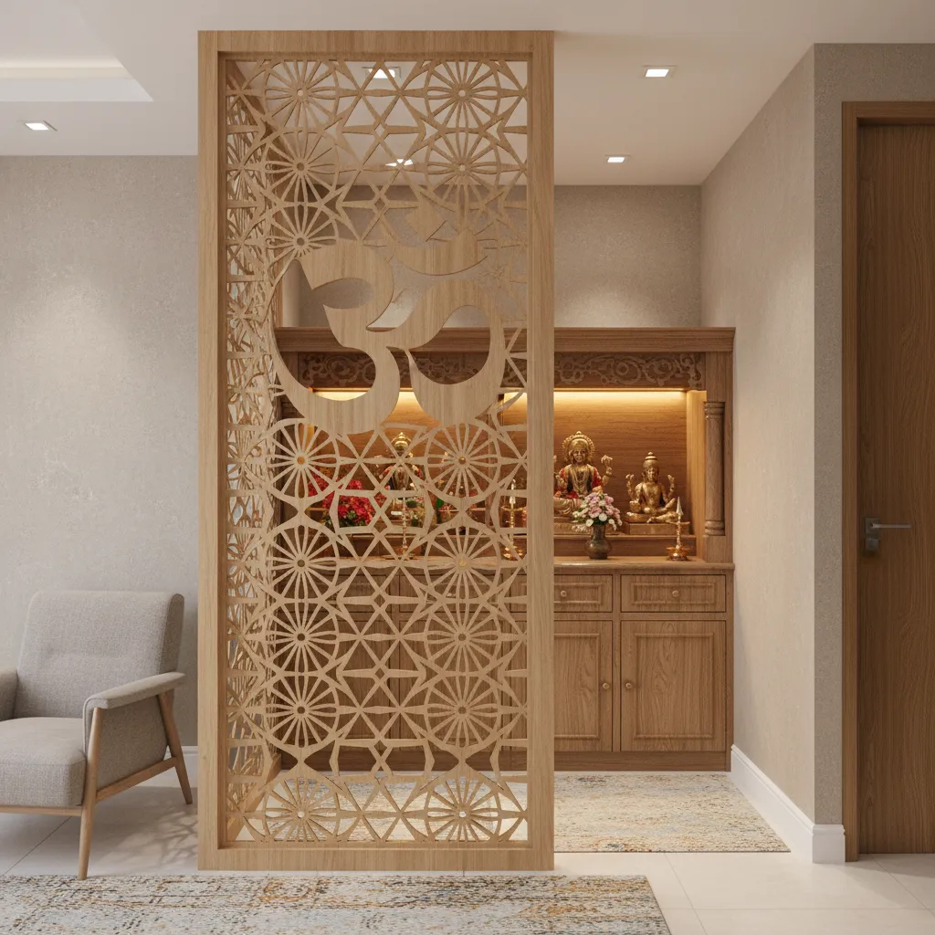 Compact living room corner pooja space separated by decorative Om jali panel
