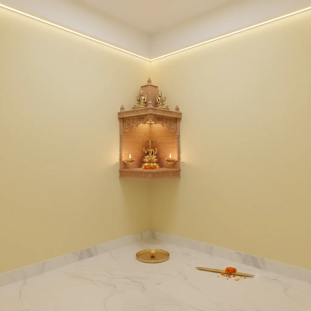 compact pooja room with pastel yellow walls and marble floor