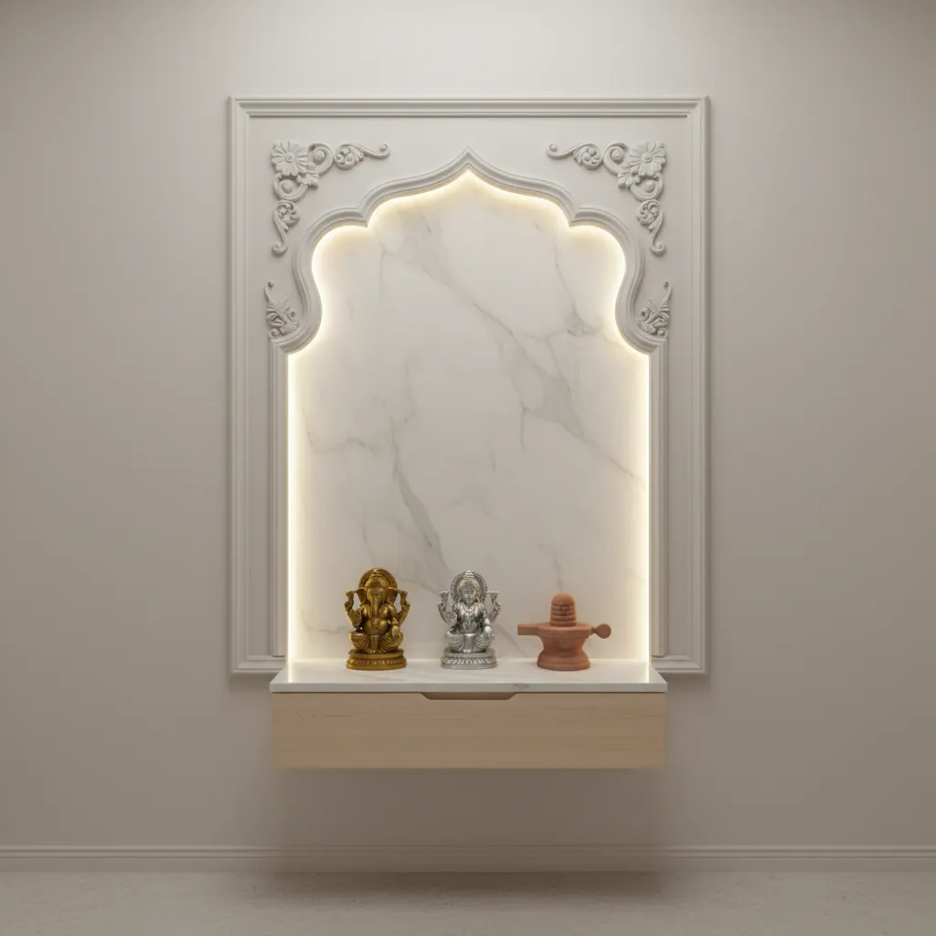 Compact pooja room wall niche with POP frame and warm lighting
