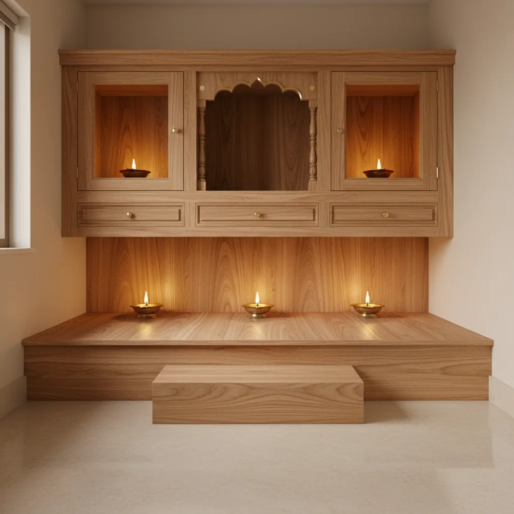 compact pooja room with raised wooden step platform and wall mounted temple
