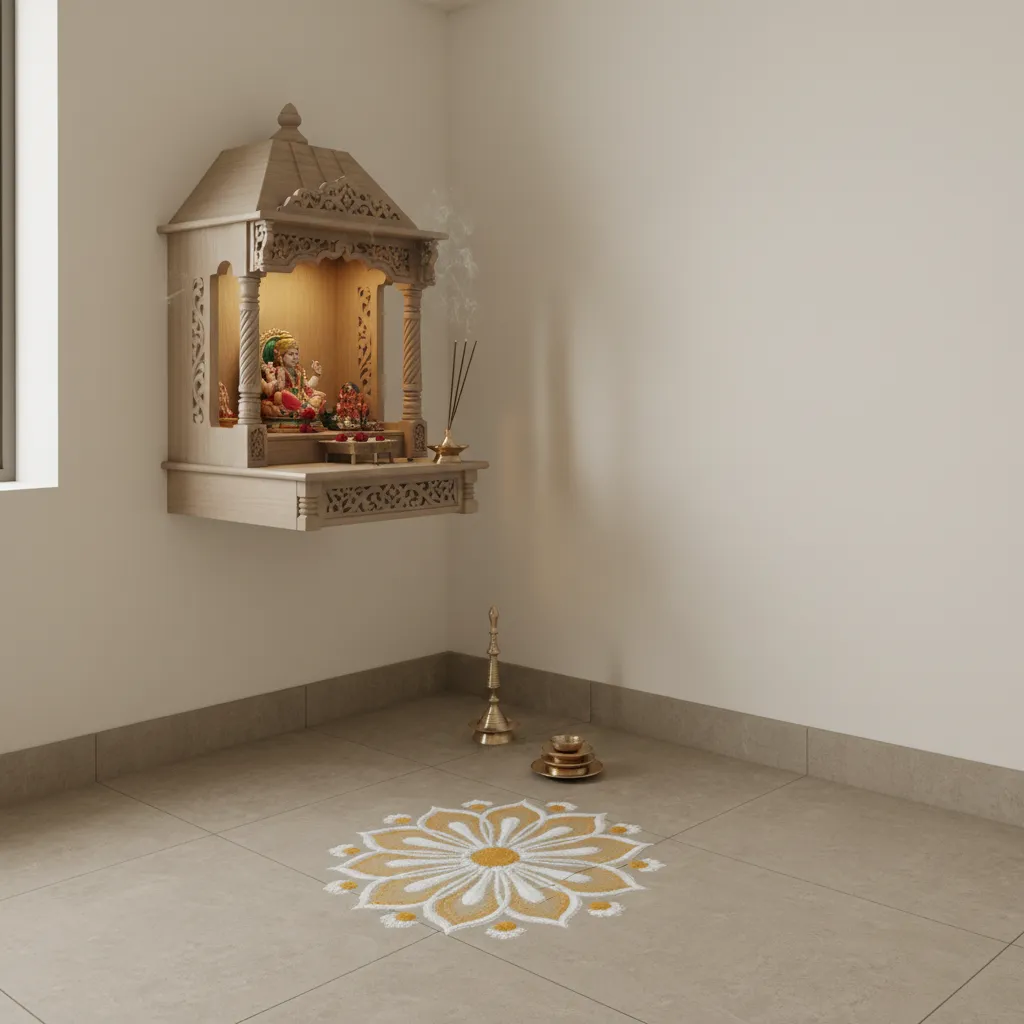 small pooja room with compact rangoli design on the floor